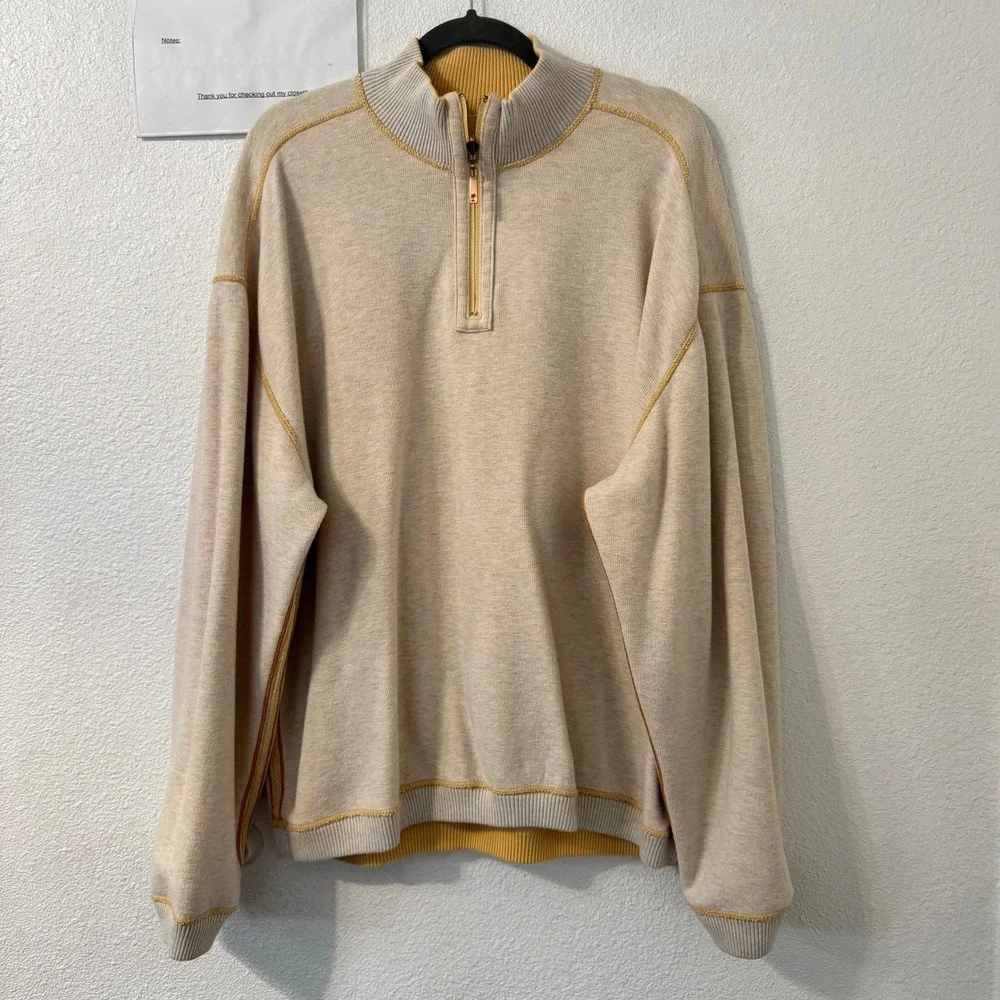 Tommy Bahama Reversible Quarter Zip Pullover Sweater‎ Yellow Tan Mens XL